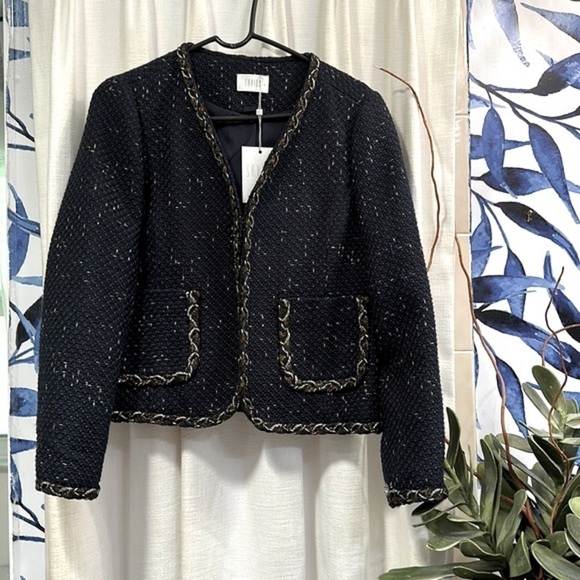 NWT Women’s Savida Navy Blue Alice Braid Tweed Blazer Size Large - Picture 1 of 9